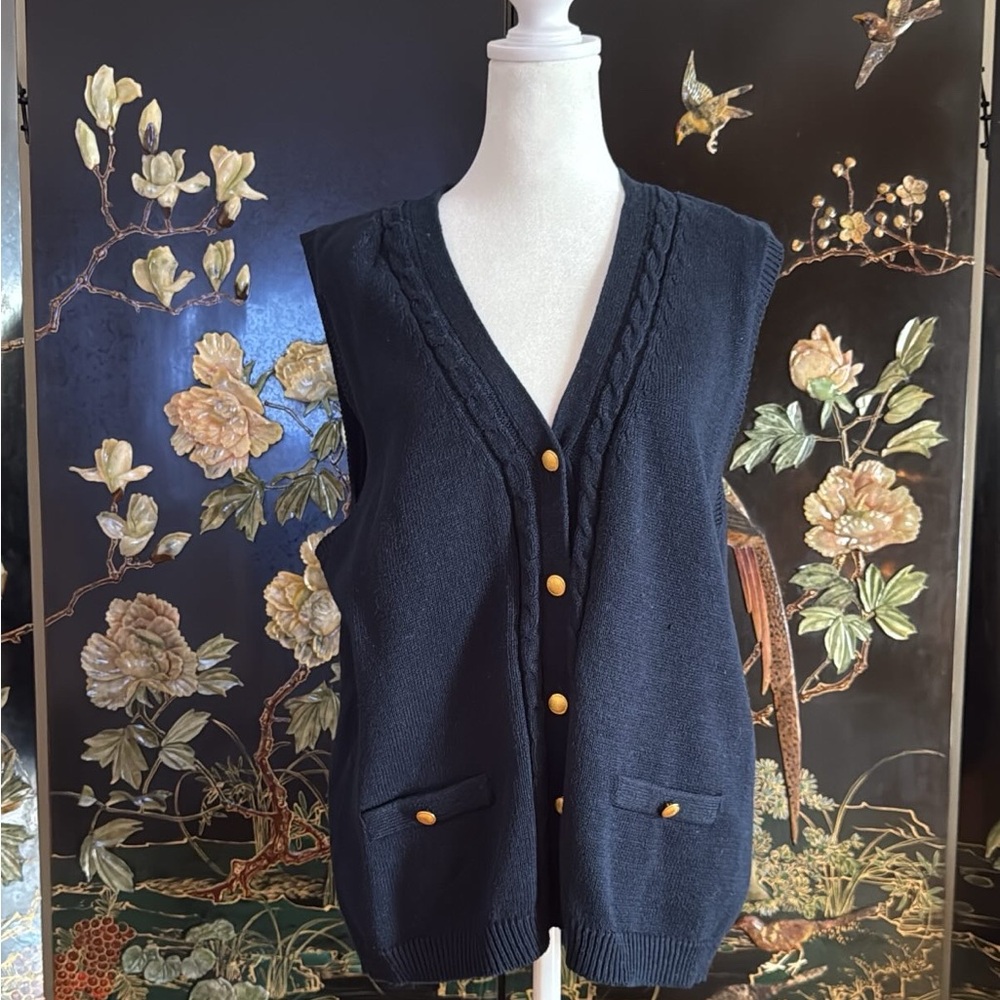 Vintage 80’s Mountain Lake Navy Sweater Vest with Gold Buttons